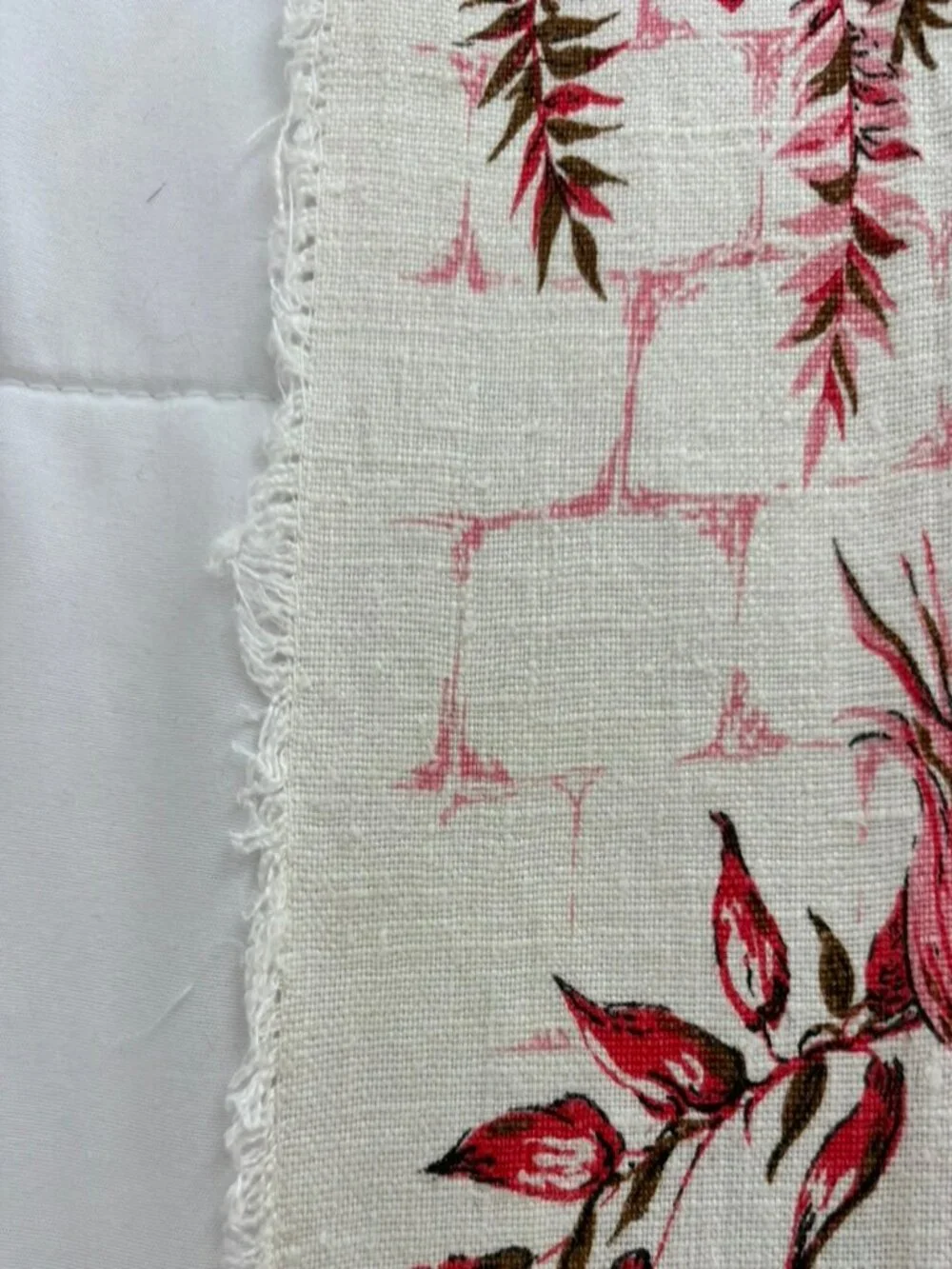 Vintage linen tea towel red brown design with kitchen utensils